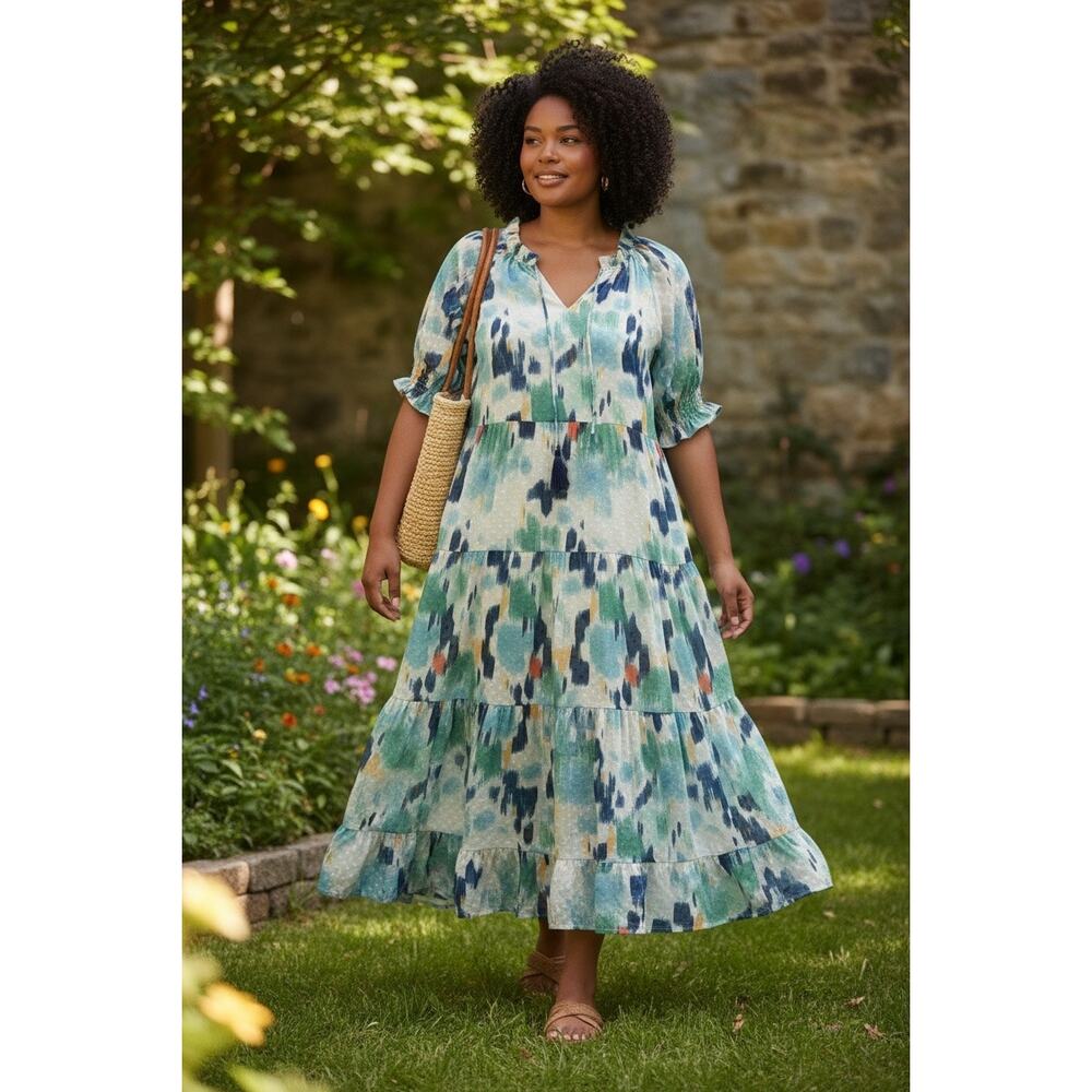 Jade Melody‎ Tam Peasant Tassel Neck Tiered Swiss Dot Maxi Dress Size Medium